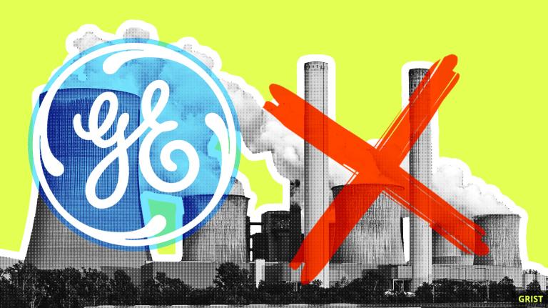 a coal plant with a red X over it and a general electric logo