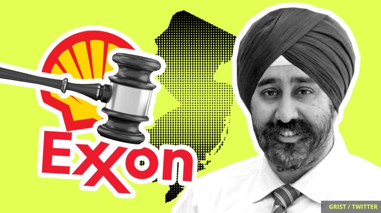 The mayor of Hoboken, New Jersey, a gavel, and logos of Shell and Exxon.