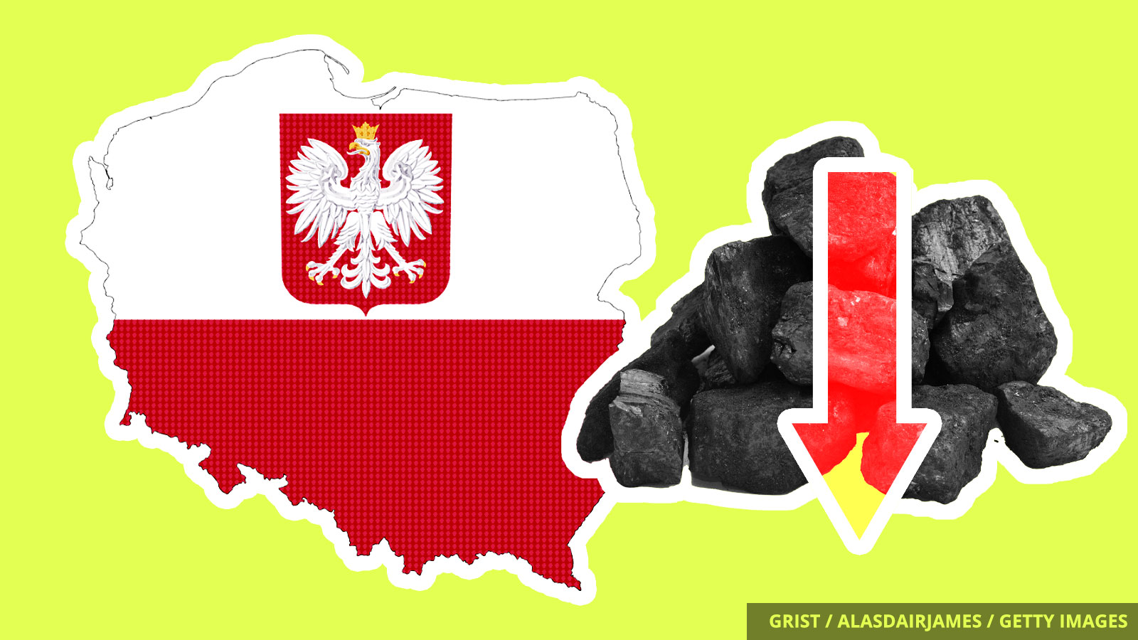 A cut out of Poland next to a a down arrow and a pile of coal.
