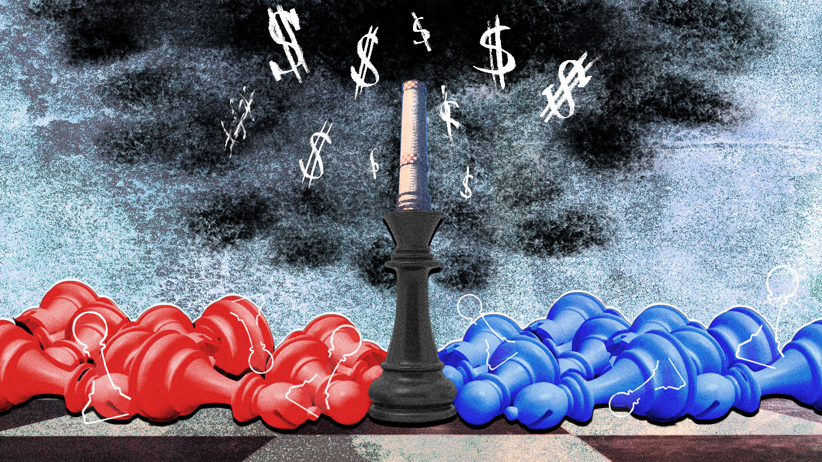 Blue and red chess pieces have fallen over in front of a power plant spewing climate pollution.