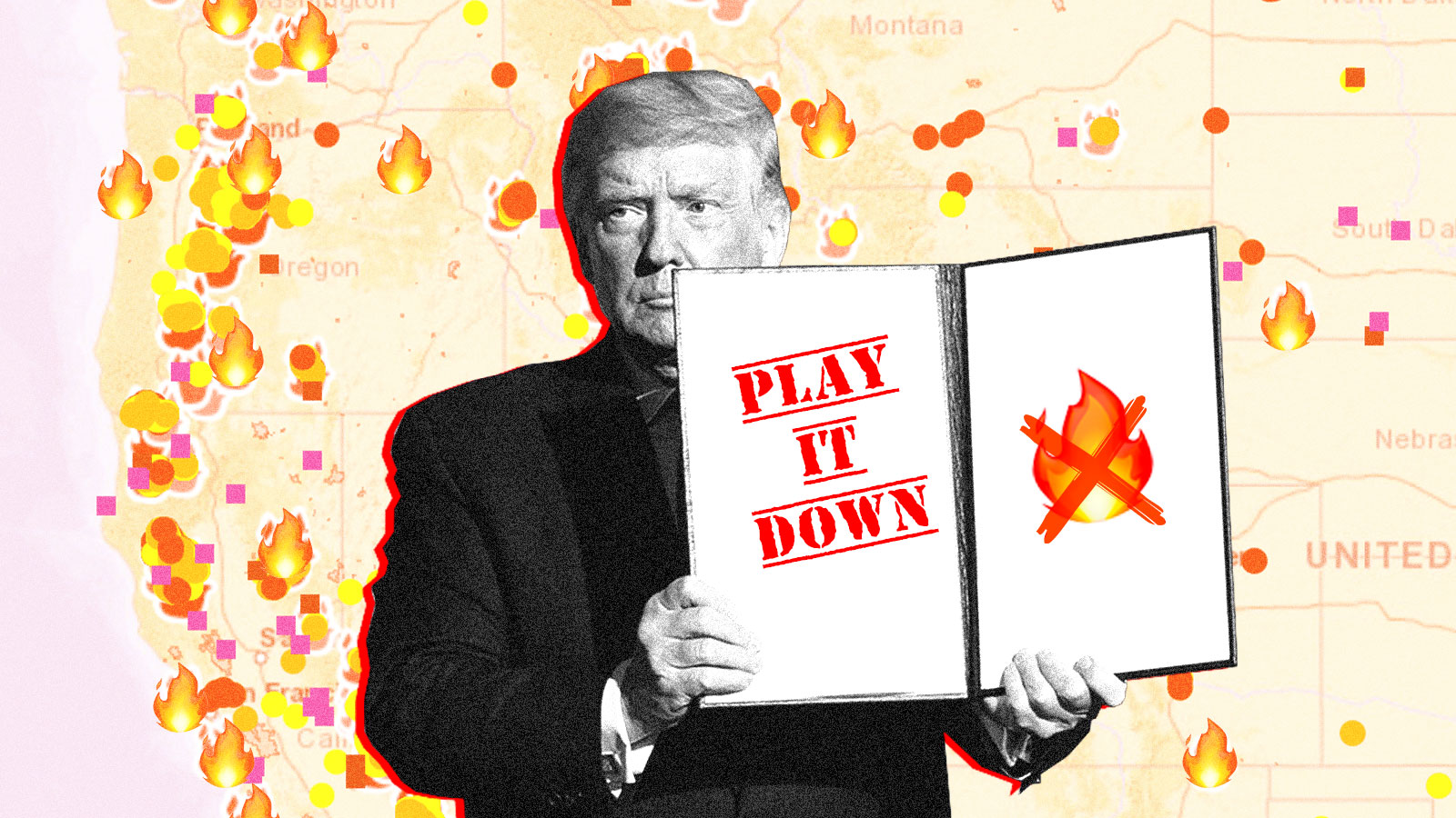 Illustration Donald Trump play it down wildfires