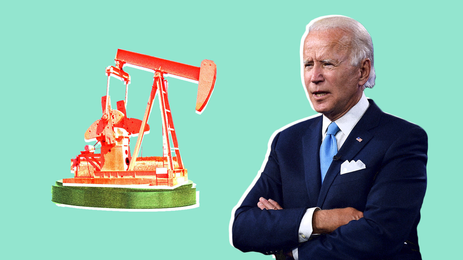 Joe Biden stands in a collage next to an oil pumpjack to represent oil and fracking.