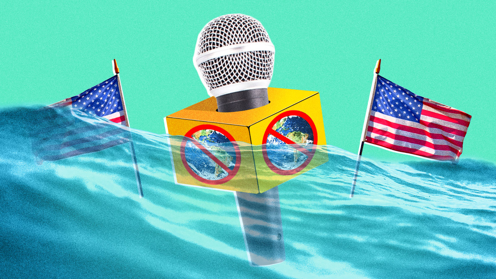 A microphone with the earth crossed out on it and two American flags underwater