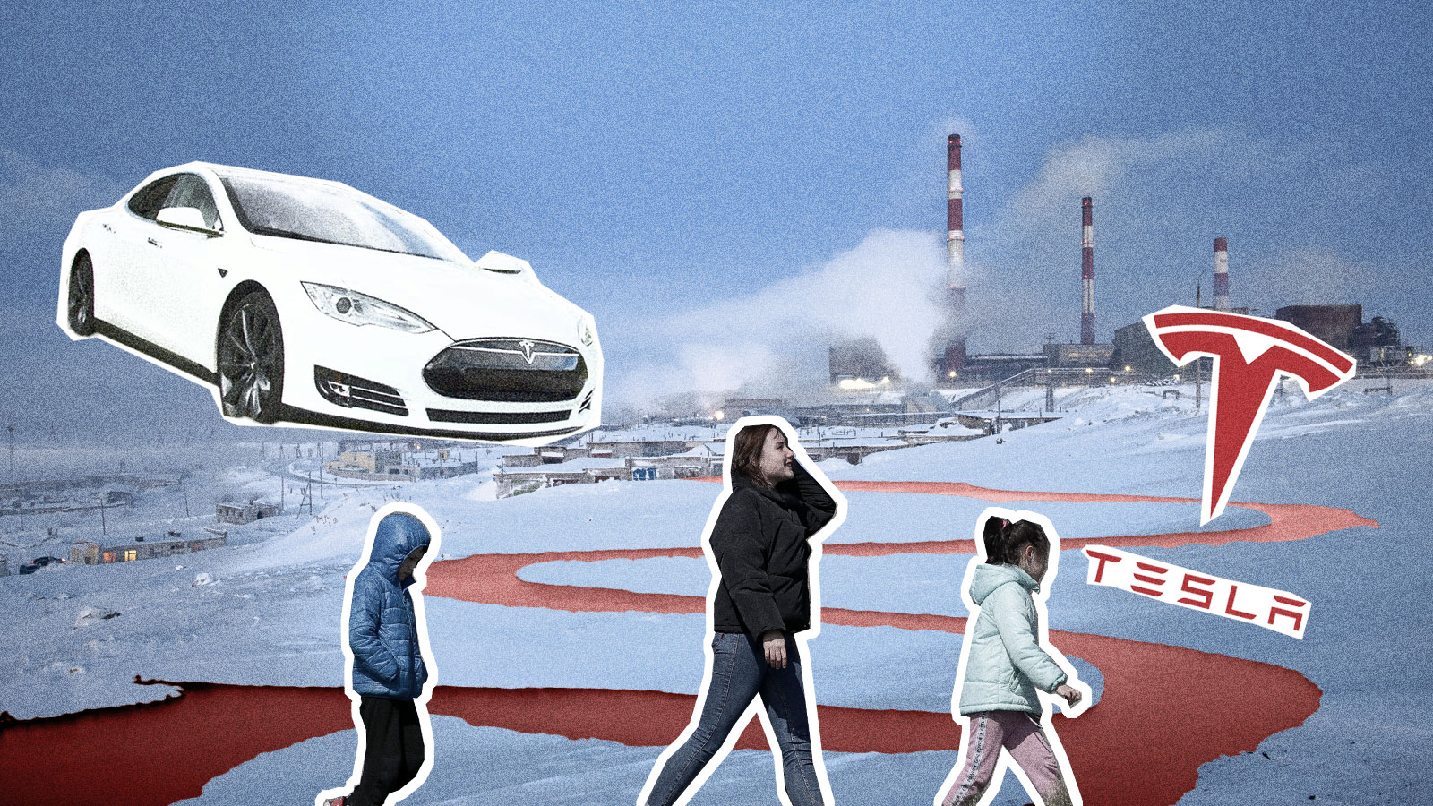 Collage of Nornickel plant Tesla EV