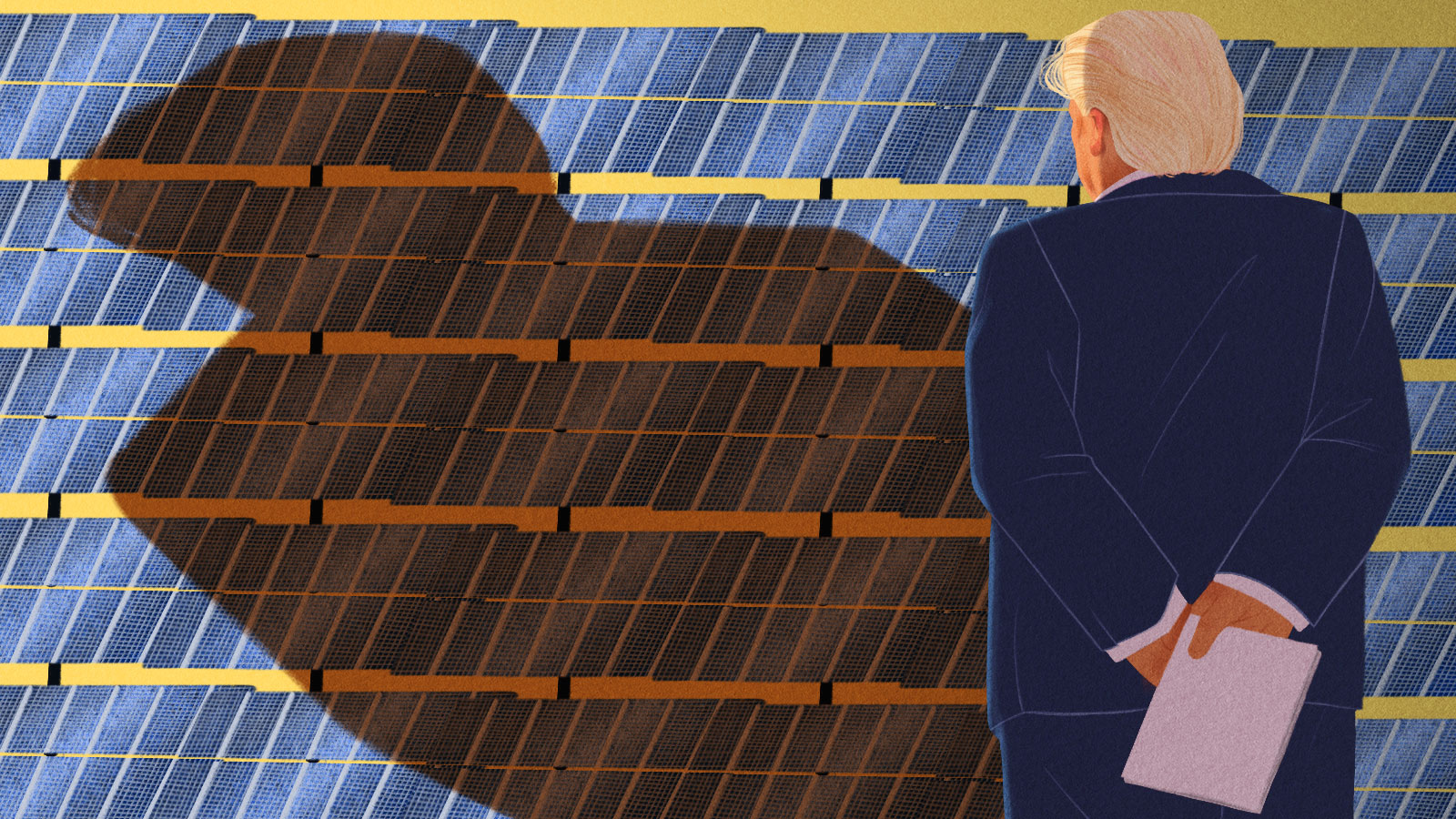 Illustration depicting President Trump looming over a field of solar panels, casting a large orange shadow, while holding papers behind his back.