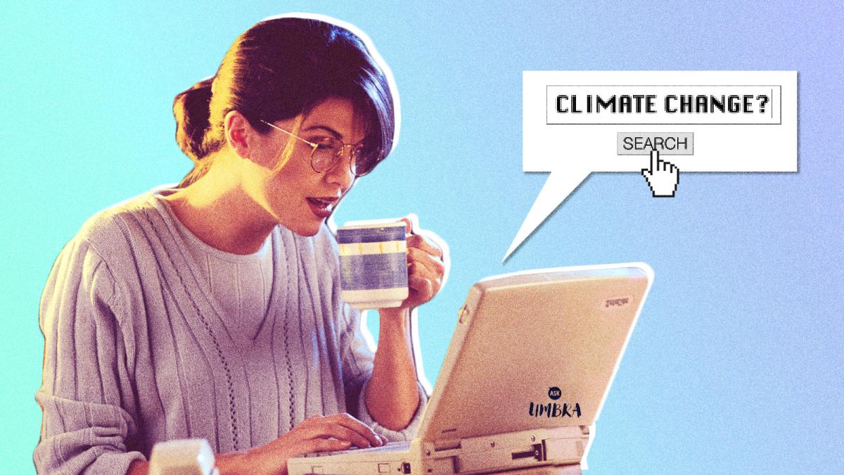 A woman from the 1990s searching the term "climate change?" on her computer