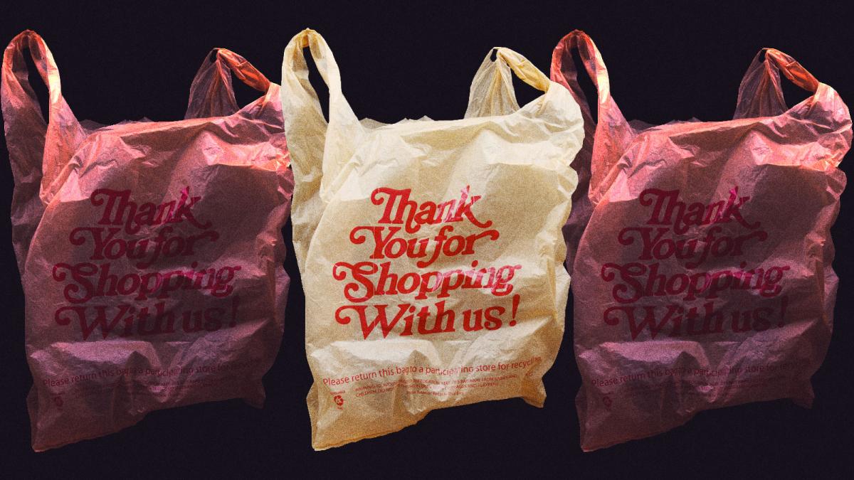 A row of plastic bags that say "thank you for shopping with us" on them