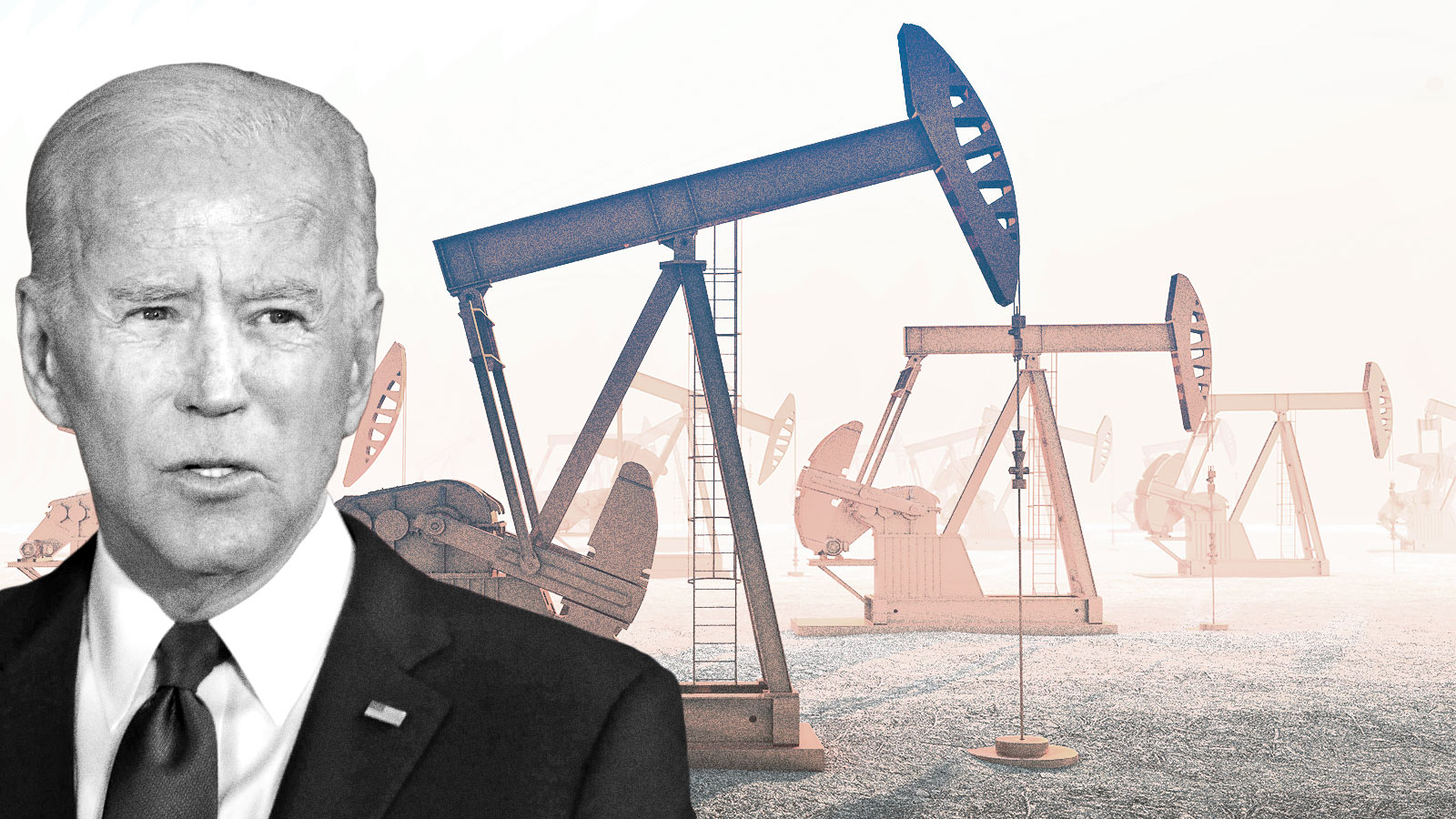 Joe Biden in front of a row of oil jacks