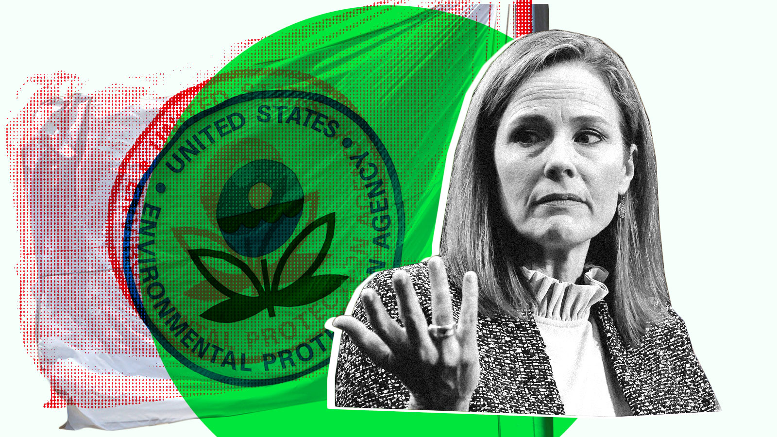 Amy Coney Barrett sits over an image of the flag of the Environmental Protection Agency