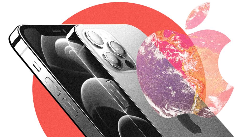 An iPhone 12 with the Apple logo with an Earth pattern inside of it.