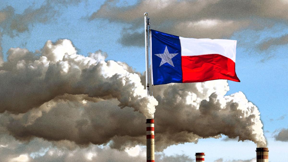 The Texas flag rising out of a smog cloud being emitted by a smokestack