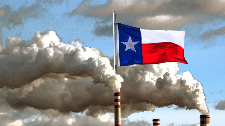 The Texas flag rising out of a smog cloud being emitted by a smokestack