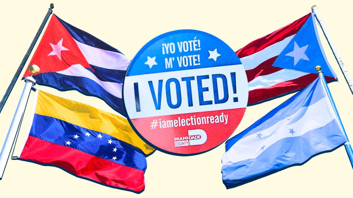 A collage of the flags of Venezuela, Honduras, Cuba, and Puerto Rico with an "I Voted" sticker in the center