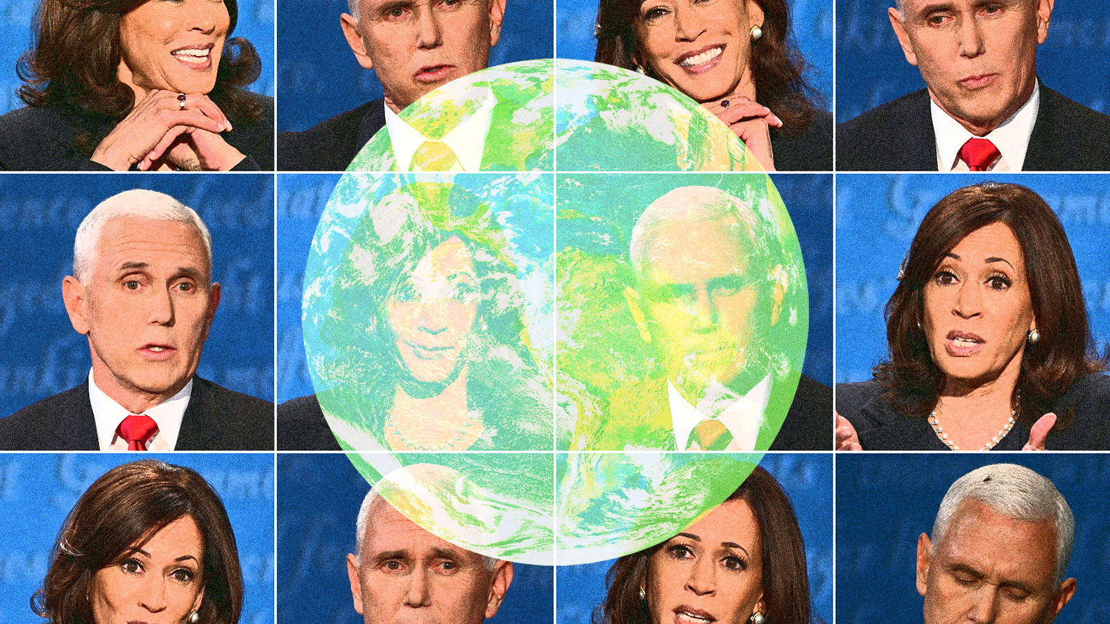A compilation of Kamala Harris and Mike Pence's expressions from the Vice Presidential debate with an earth in the middle of the image