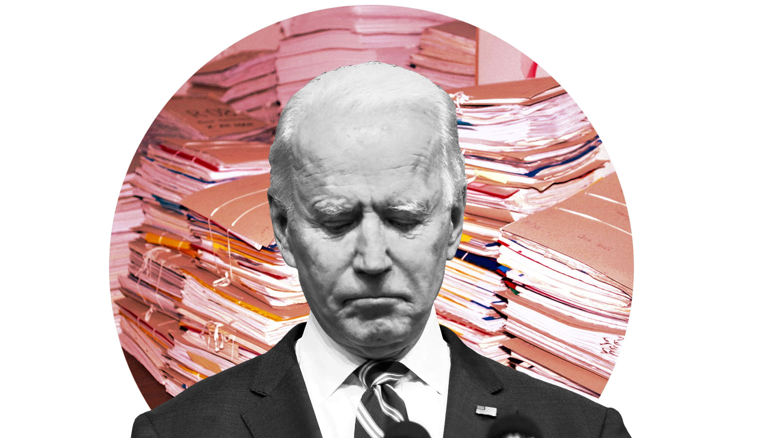 Joe Biden looking regretful in front of a circular image of stacks of files
