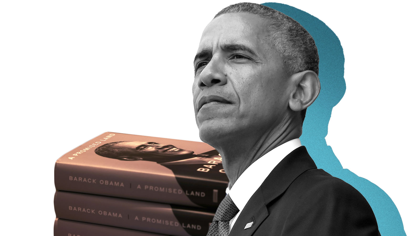 A collage of Barack Obama with a blue shadow and a stack of his books behind him.