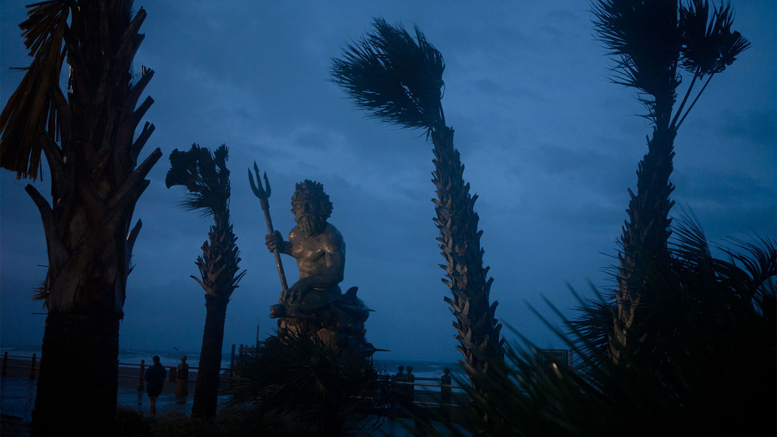 A photo of the King Neptune statue as the first wind and rain of Hurricane Irene blow in on August 27, 2011 in Virginia Beach, Virginia.