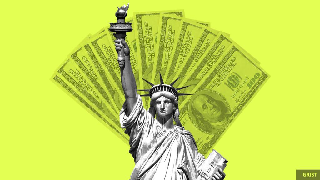 statue of liberty with $100 bills fanning out behind her
