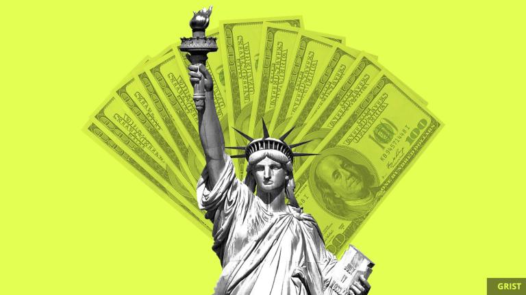 statue of liberty with $100 bills fanning out behind her