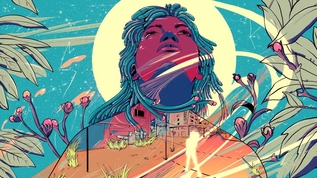 Illustration of Black woman looking up to the sky in an urban setting with sun behind her.