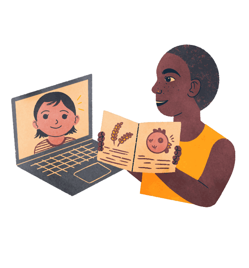 animation of a woman readiing a book to a child over zoom