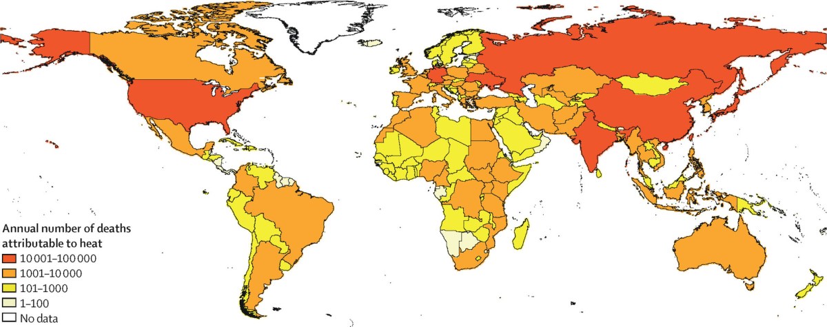 World map showing annual number of deaths attributable to heat by country