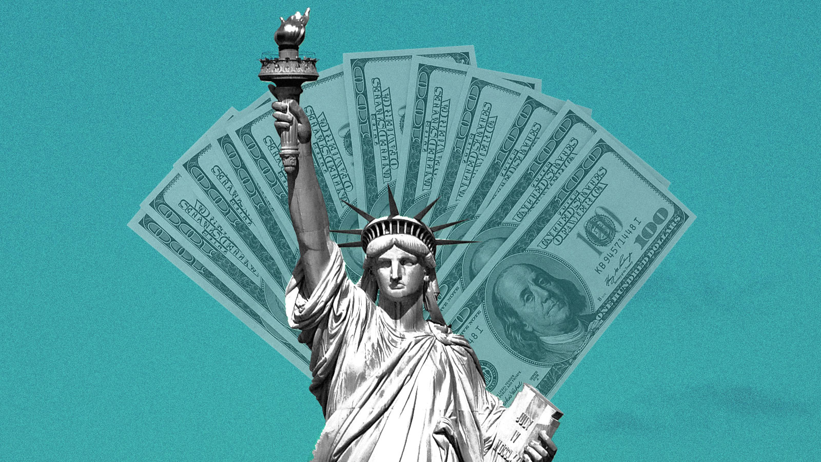 A picture of the Statue of liberty with $100 dollar bills fanned out behind her