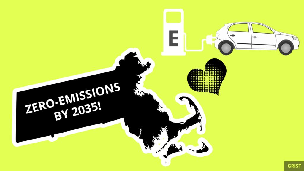 A picture of the outline of the state of Massachusetts and an electric car