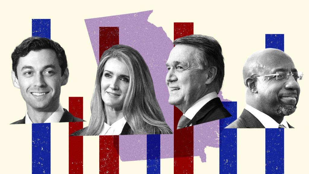 A collage of Jon Ossof, Kelly Loeffler, Raphael Warnock, and David Perdue on a background of Georgia state with red and blue vertical bars