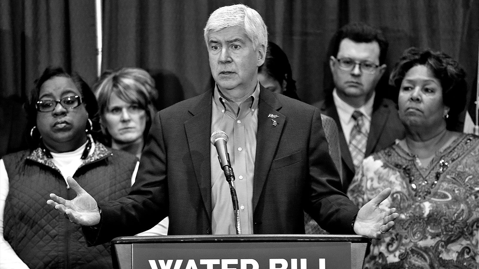 Gov. Rick Snyder speaks after attending a Flint Water Interagency Coordinating Committee meeting in Flint, Michigan