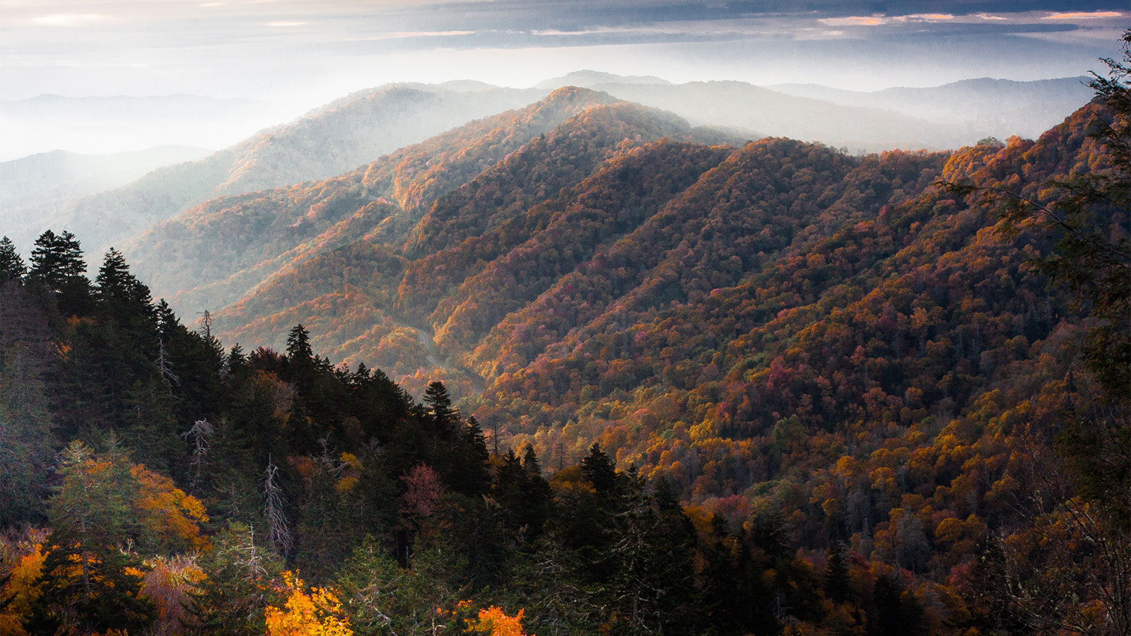 A view of the Smoky Mountains with fog in the distance