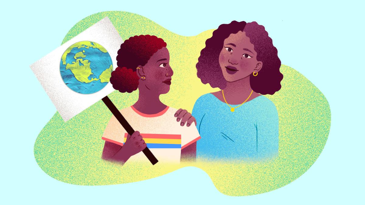 An illustration of a daughter, holding a protest sign with a painting of the Earth on it, and her mother talking to her.