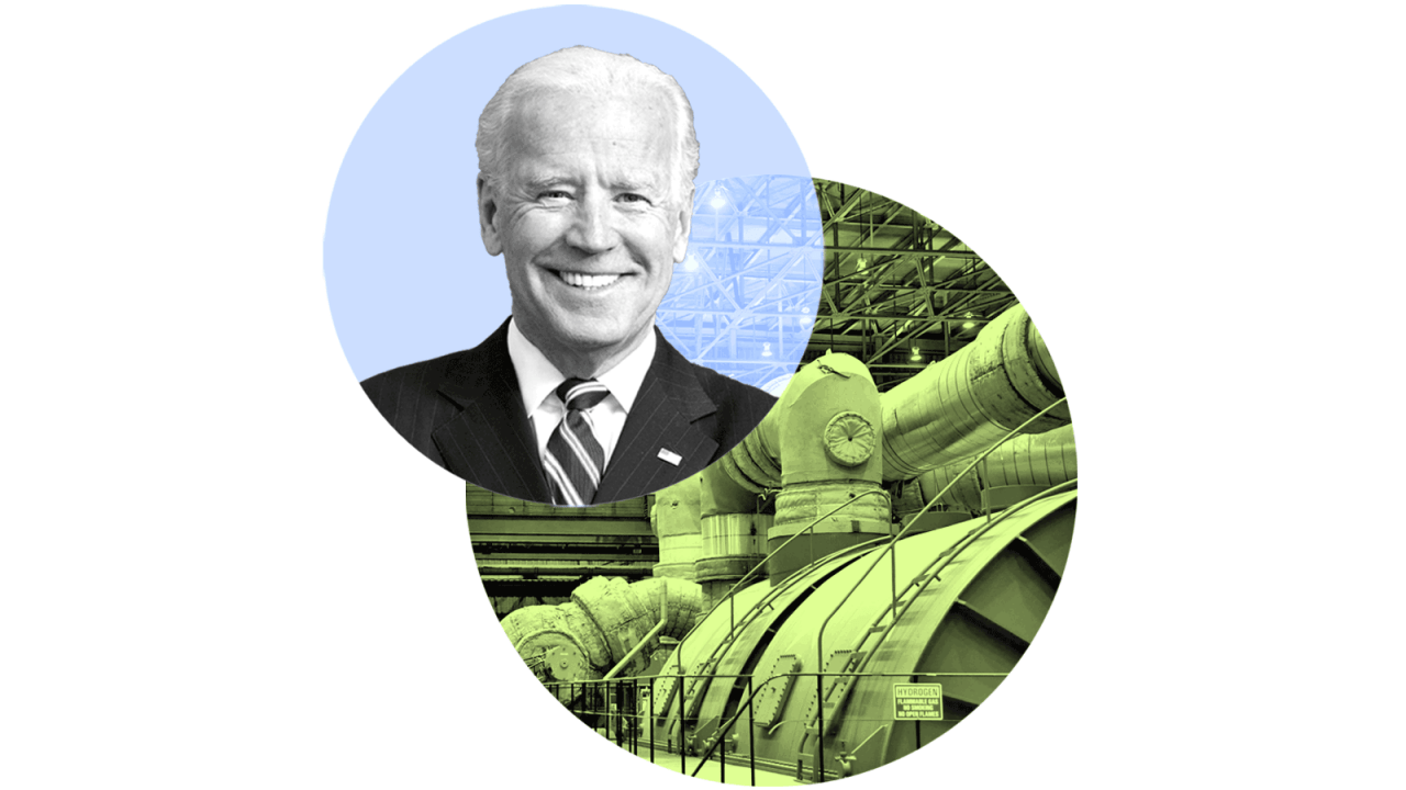 Two overlapping circles with the top-most containing a photo of President Biden and the lower circle containing a photo of a mechanical turbine.