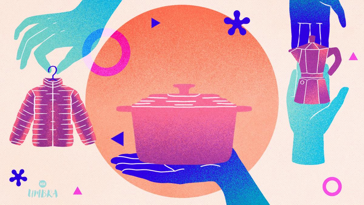 An illustration representing a "buy nothing" group, with hands holding a jacket, a dutch oven, and an espresso maker.