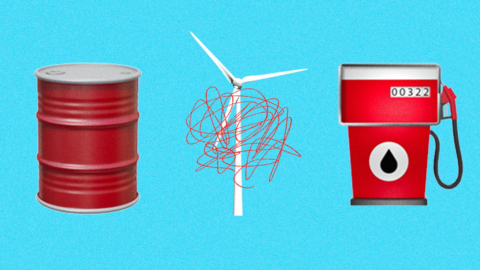 A collage of an oil drum emoji, a wind turbine with a scribble on top of it, and a gas pump emoji on a blue background.