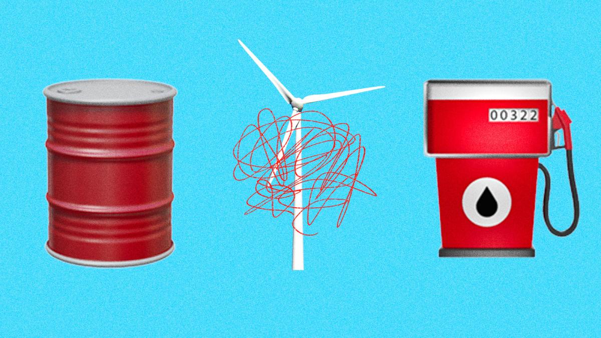 A collage of an oil drum emoji, a wind turbine with a scribble on top of it, and a gas pump emoji on a blue background.