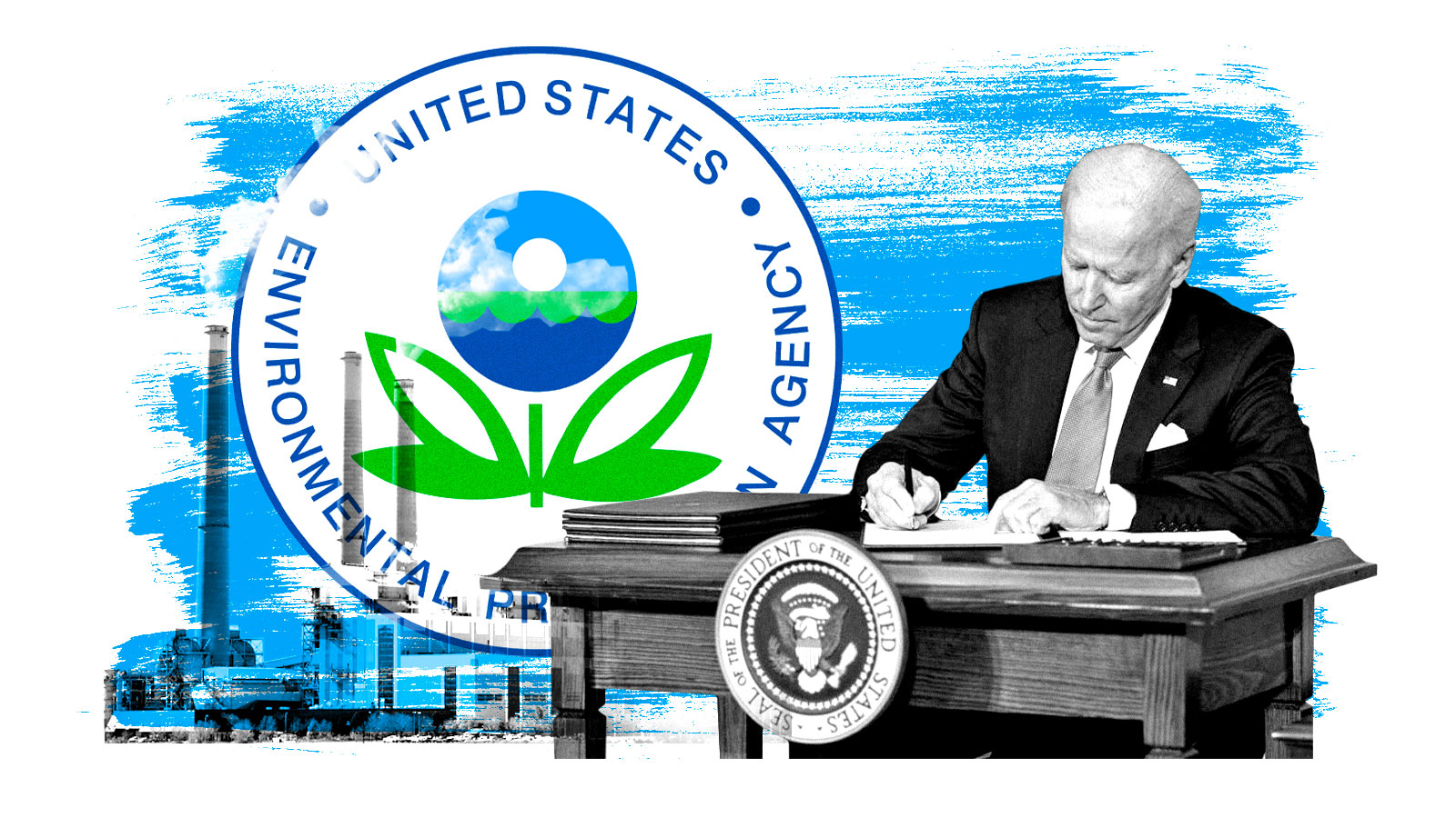A collage of a photograph of a coal plant, the logo of the Environmental Protection Agency, and a photograph of President Joe Biden signing a piece of paper.