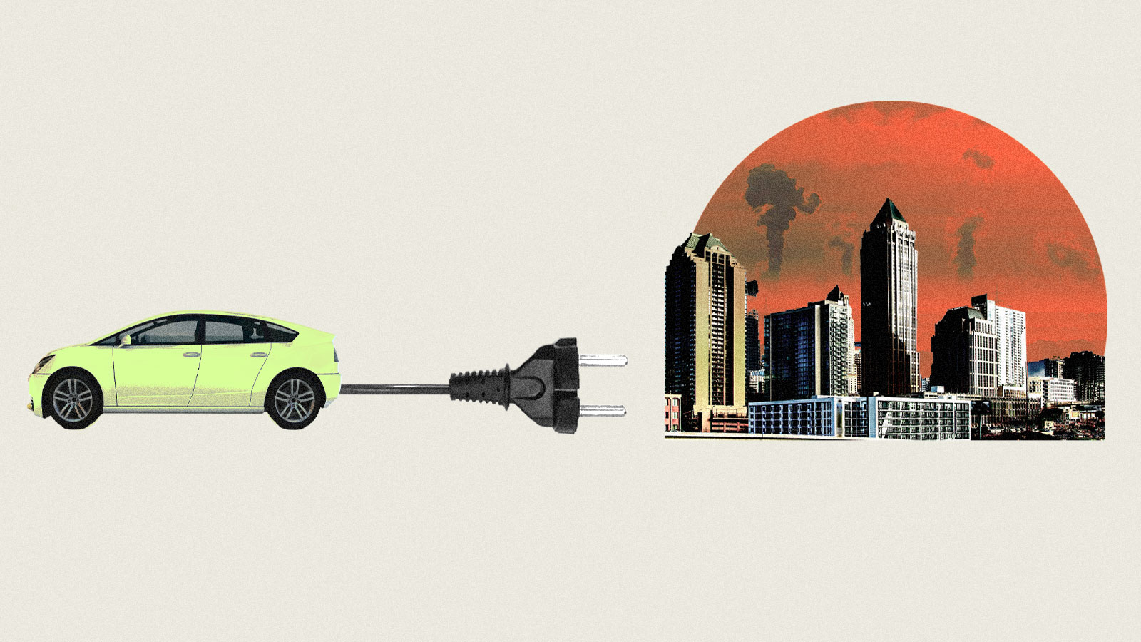 Photo collage of a car with an electrical plug coming out of it next to a smoggy city
