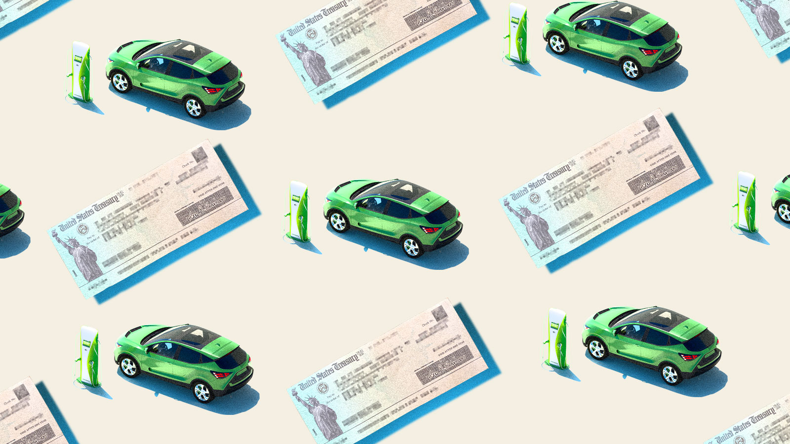 A photo collage of repeated images of a United States Treasury check and an electric car plugged into a charger.