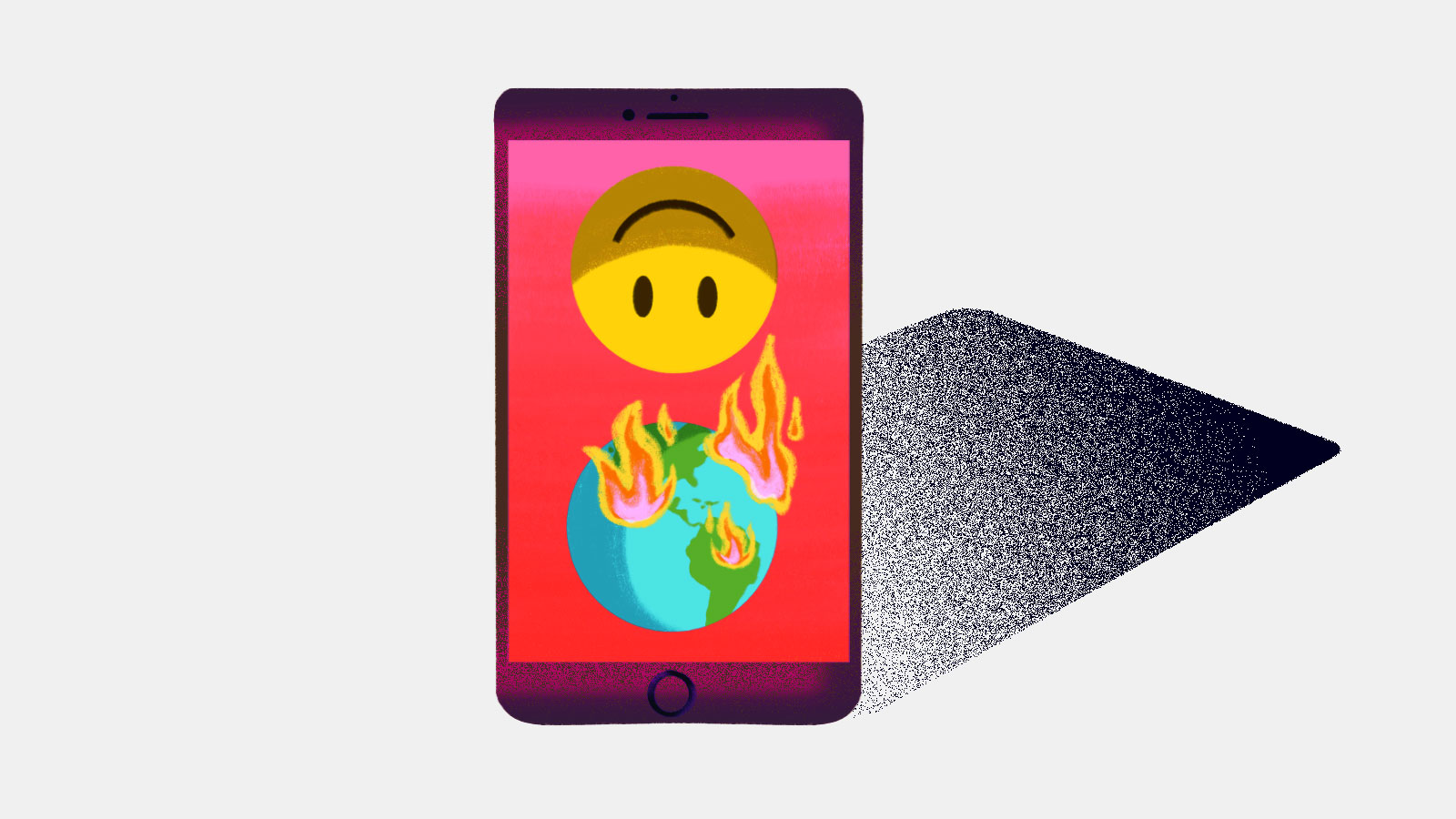 An illustration of an iPhone with the iFunny smiley face logo and an earth on fire on the screen of the phone.