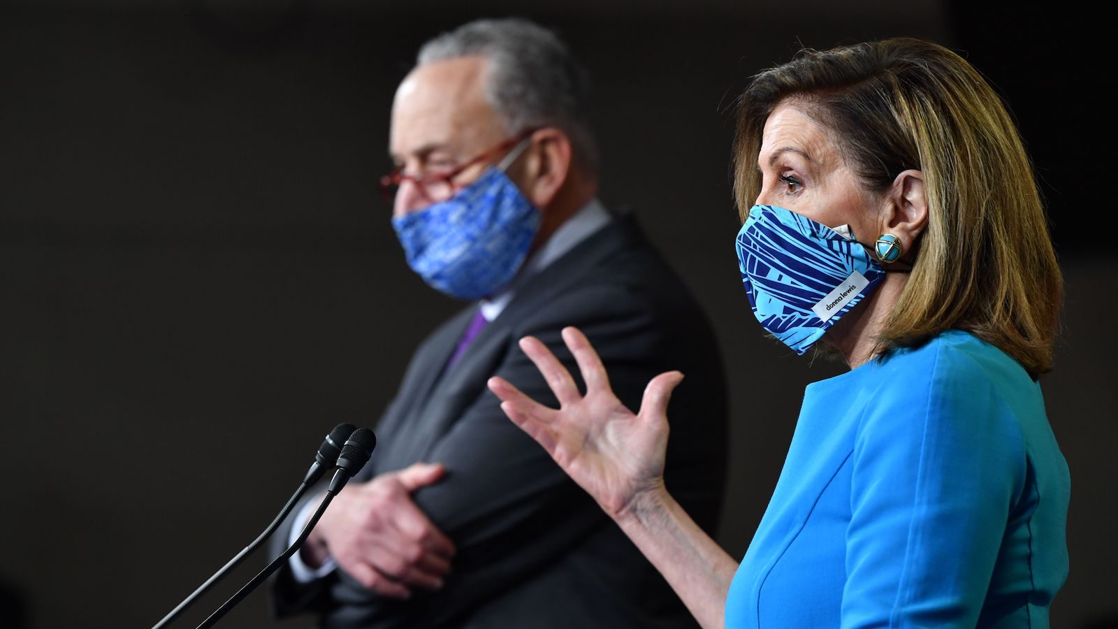 photo of Nancy Pelosi and Chuck Schumer in COVID masks