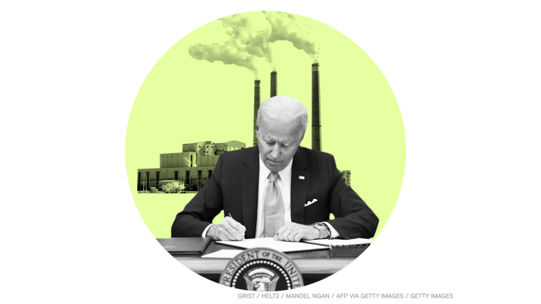 Biden signing a bill against a background of smokestacks.