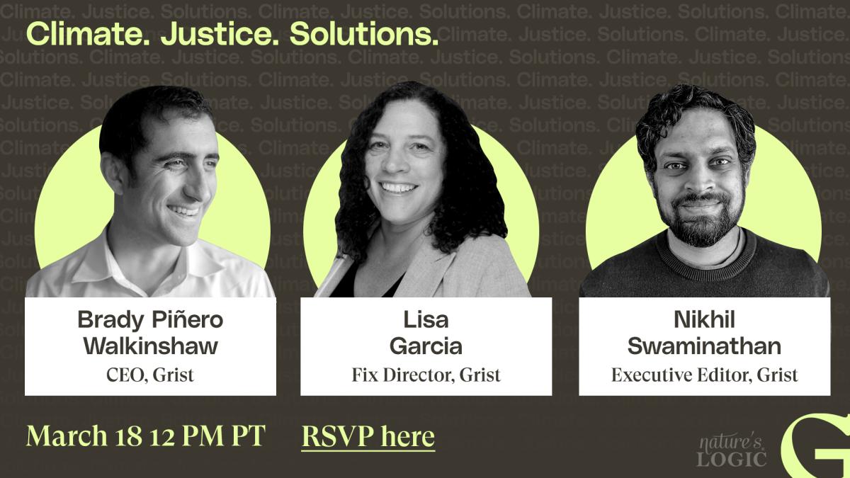 "Climate. Justice. Solutions." speakers Brady Piñero Walkinshaw, Lisa Garcia, and Nikhil Swaminathan