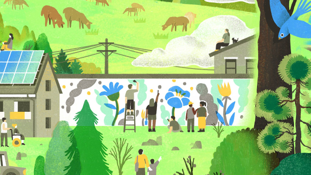 An image depicting a verdant neighborhood filled with people and animals living harmoniously. In the background deer graze peacefully.