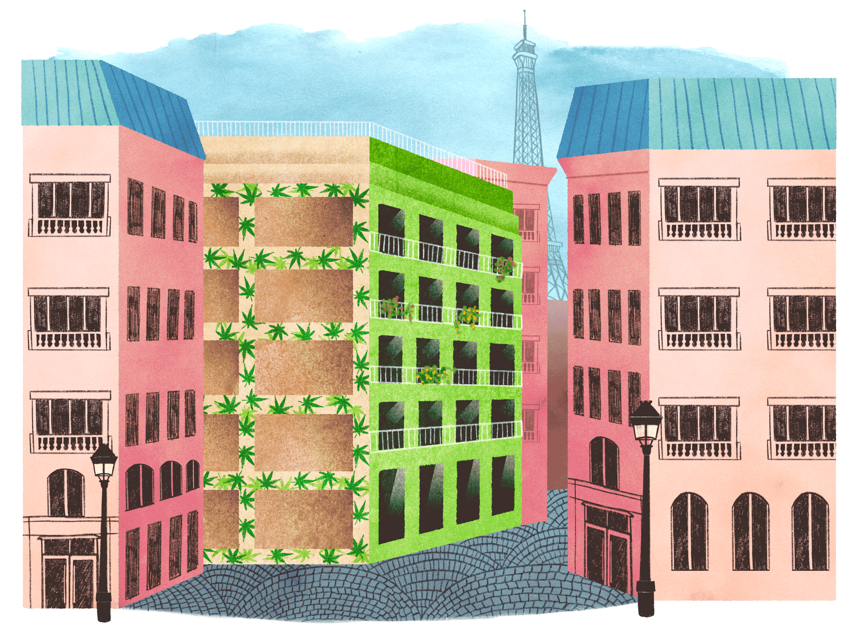 an illustration of a street in Paris with a row of buildings. In the center, the building is slightly green with cannabis leaves on the outside.