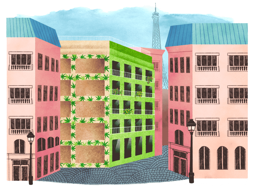 an illustration of a street in Paris with a row of buildings. In the center, the building is slightly green with cannabis leaves on the outside.