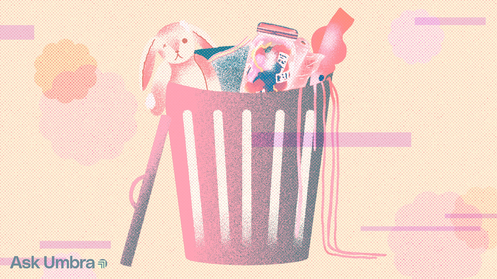 Illustration of a rabbit plush, a plastic bag, a mason jar full of trash, plastic wrap, and a bigfin squid, inside of a trash can