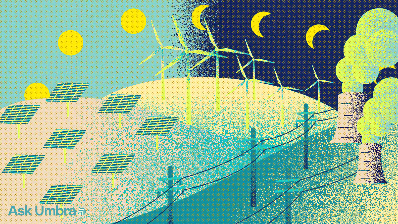 Illustration of a landscape with solar panels, wind turbines, cooling towers, and power lines