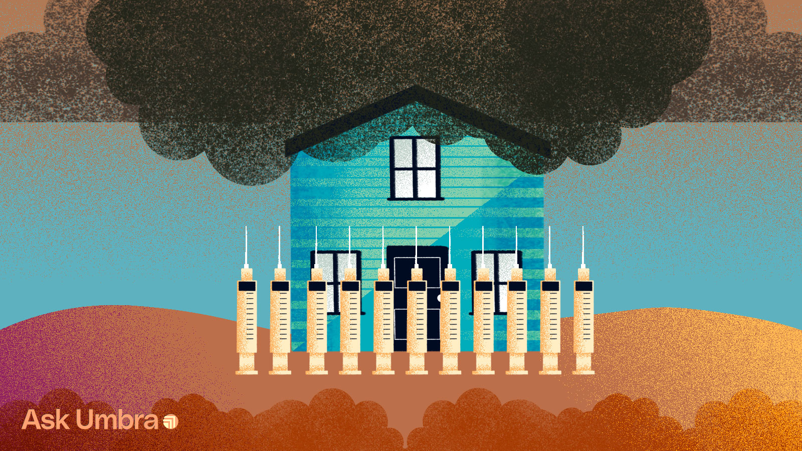 Illustration of a house with a picket fence made of syringes and smog clouds hovering above