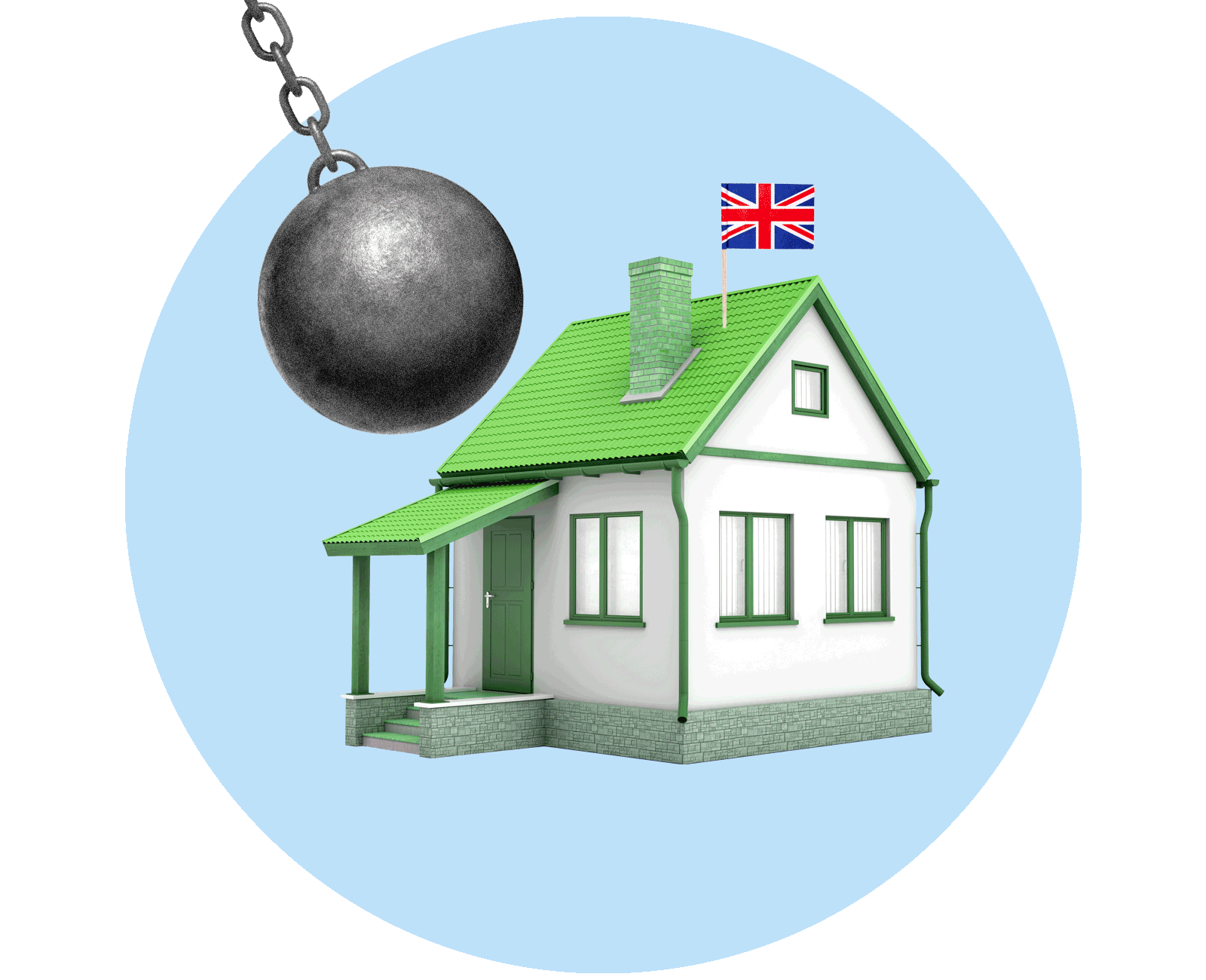 A wrecking ball swinging towards a green house with a UK flag on the roof
